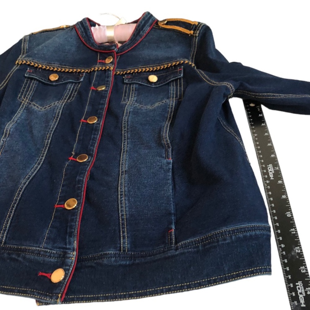 Chico’s size 10-12 denim military jacket stretch gold detail oversized - Picture 4 of 14
